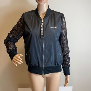Bebe black lace sleeve bomber jacket size M